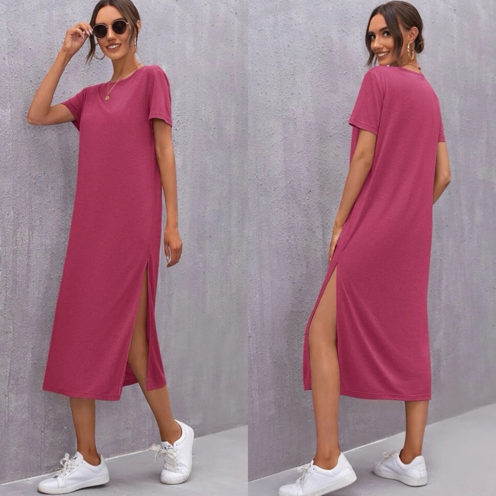 Short sleeve midi length slit tee dress casual boho purple - Picture 8 of 9